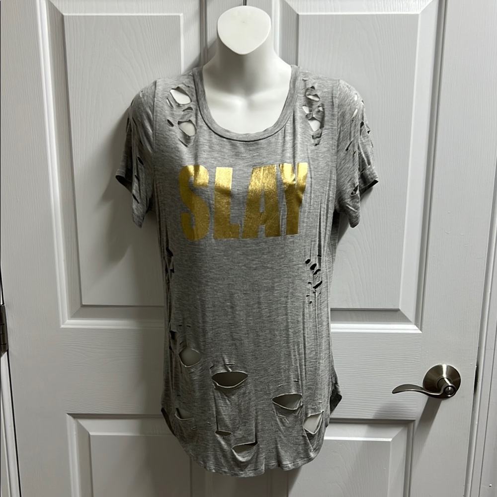 SJL Apparel Gray Women’s Cut-Out Design Tee with Gold Slay All Day Text